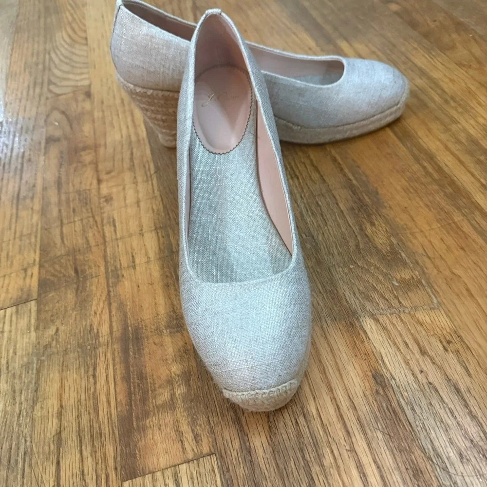 J. Crew Seville Espadrille Wedge Heels Linen Flax Canvas Beige Slip On Size 10